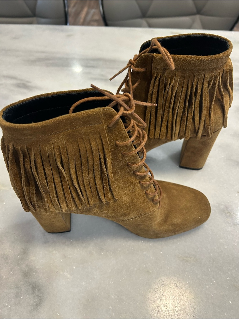 Saint Laurent Brown Suede Lace-Up Ankle Boots with Fringe - Picture 5 of 9